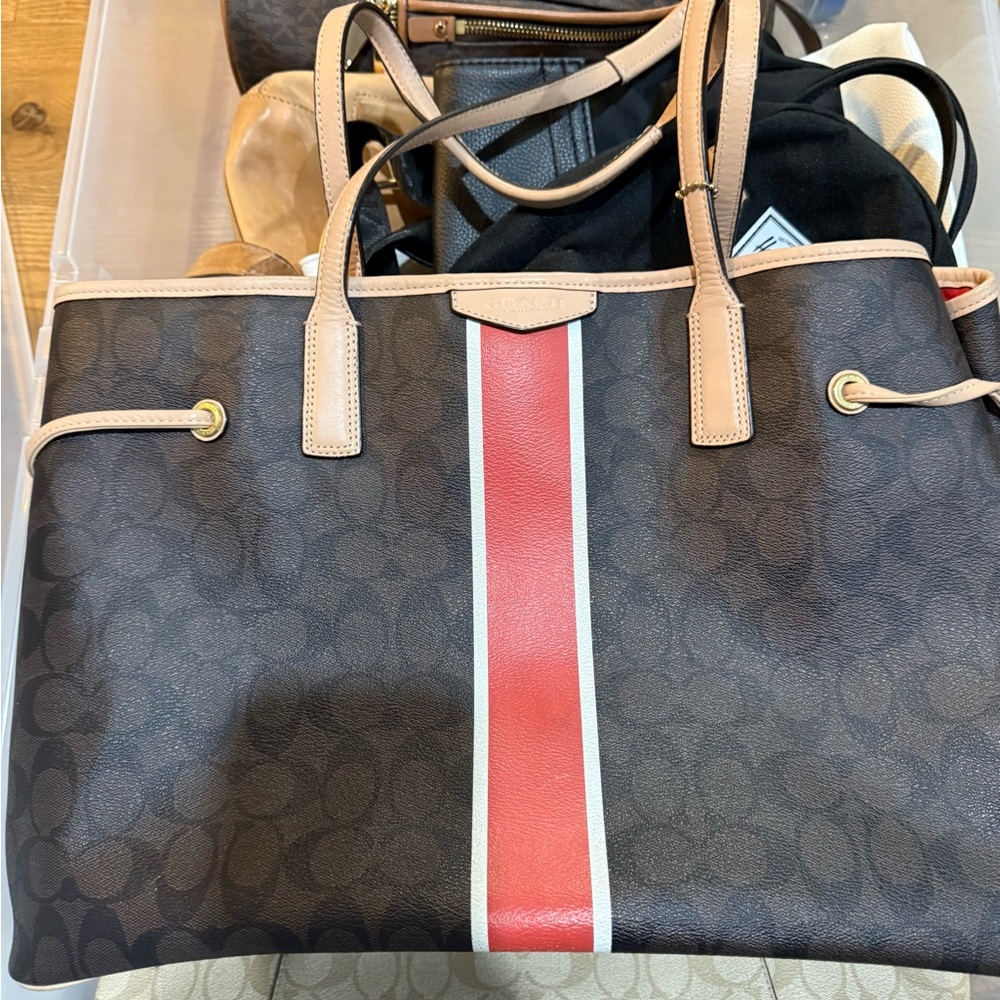 Coach Signature Brown Tote with Red Accent